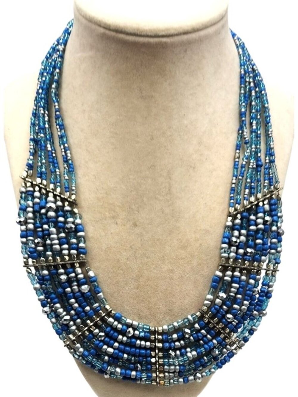 Multistrand Blue & Silver Tone Beaded Necklace With Adjustable Lobster Clasp Clo